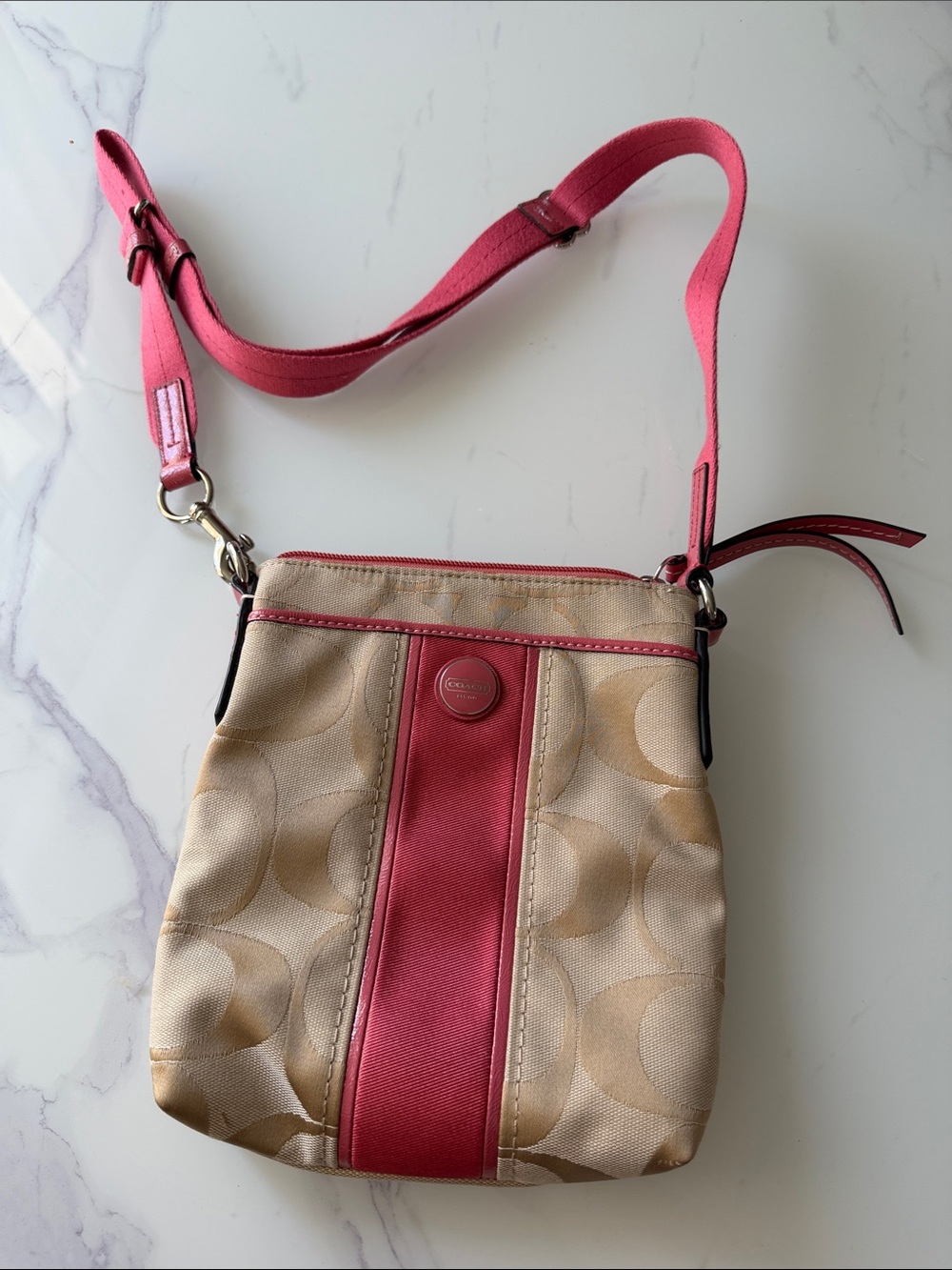 Coach Beige Signature Crossbody with Pink Center Stripe